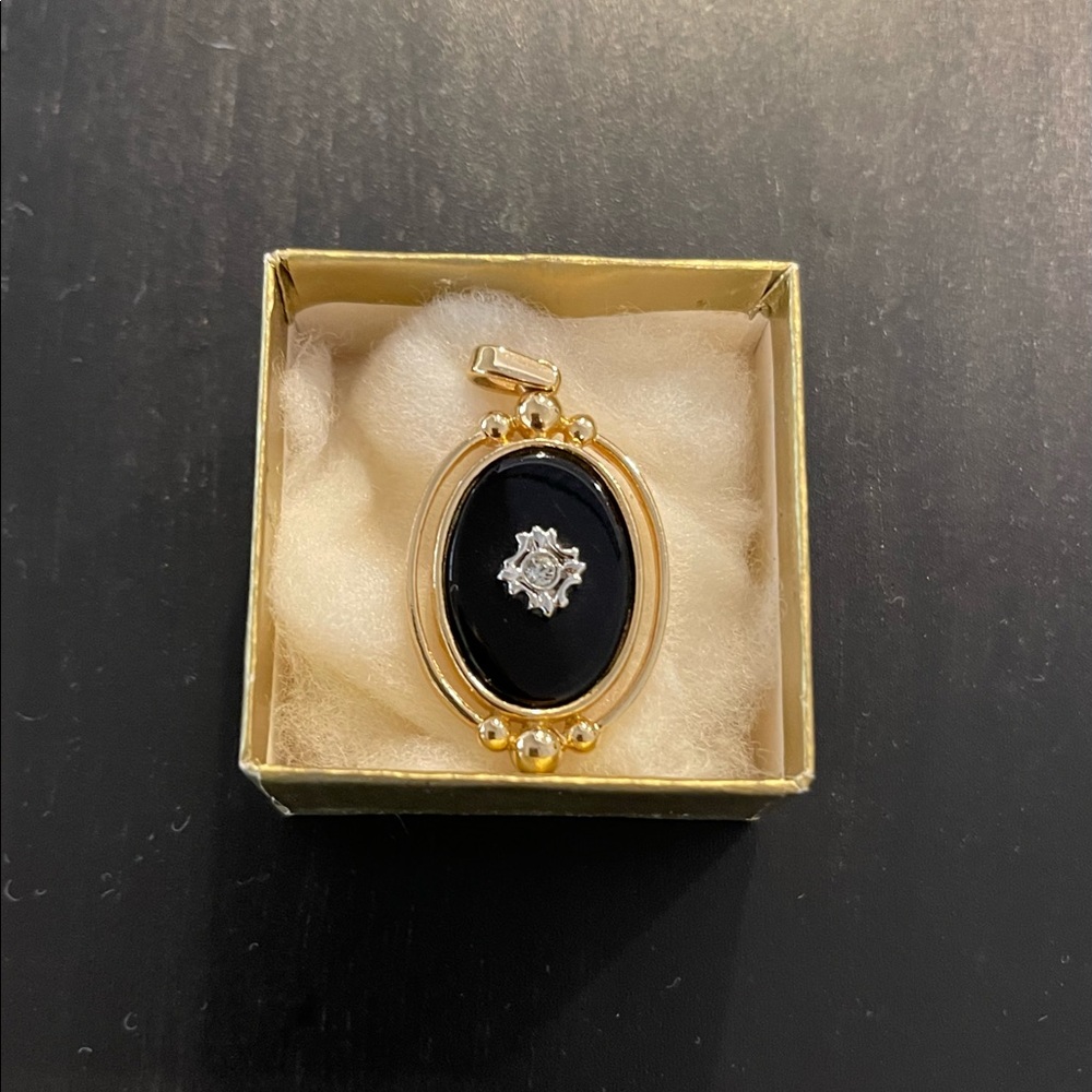 COPY - Vintage Avon Black Lucite Cabochon and Crystal Rhinestone Pendant Deco 7…